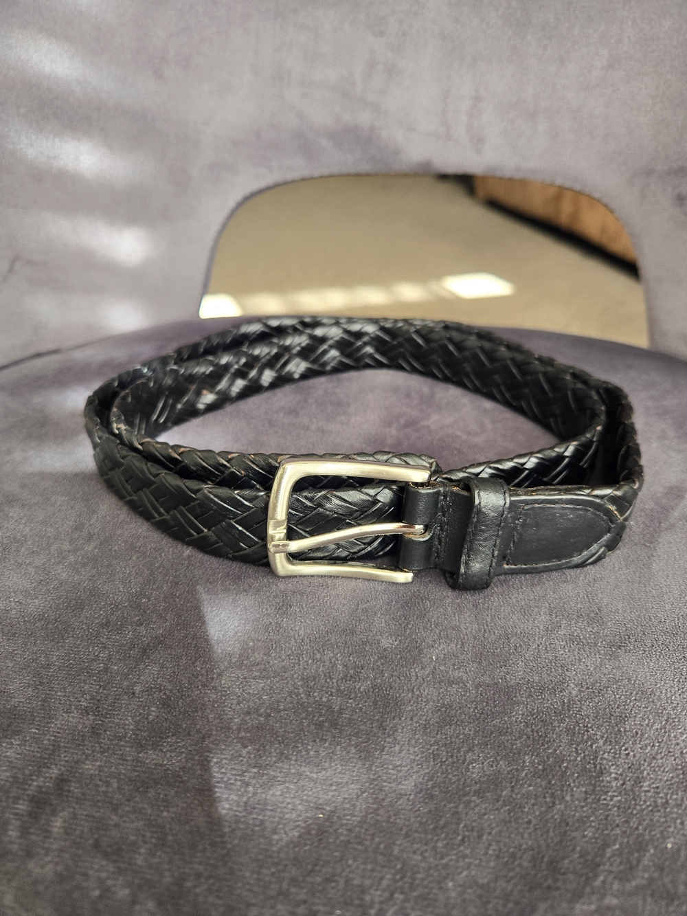 Braided Black Leather Belt with Silver Buckle